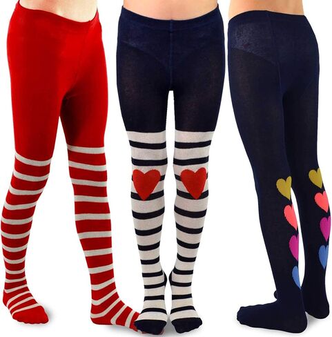 TeeHee Little Girls and Toddlers Fashion Tights 3 Pair Pack (3-5 Years, Stripe Heart) in Kuwait