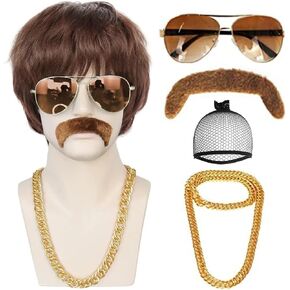 Anogol Hair Cap+5 Piece Set (1 Wig+1 Glasses+1 Chain+1 Mustache) Dark Brown Mens Wigs 70's 80's Disco Short Wigs Disco Party Wig for Men Wavy Synthetic Hair Rocker Costume Set Wig for Party Halloween in Saudi Arabia
