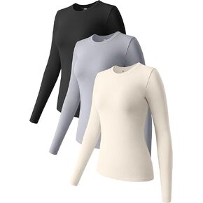 OQQ Womens 3 Piece Long Sleeve Tops Crew Neck Stretch Fitted Underscrubs Layer Tee Shirts Tops in Kuwait