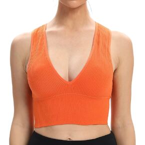 Venbond Women's Sexy Sleeveless Seamless Crop Top Deep Plunge V Neck Ribbed Tank Top with Removable Pads