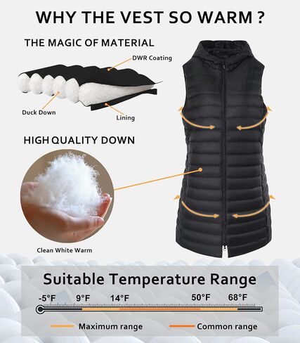 ELFJOY Women's Long Down Vest Zipper Lightweight Puffer Jackets with Hood in Kuwait