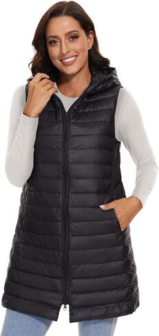 ELFJOY Women's Long Down Vest Zipper Lightweight Puffer Jackets with Hood in Kuwait