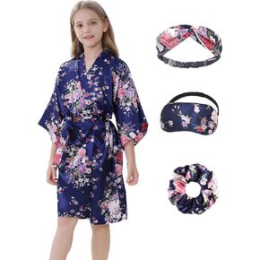 Kids Girls Robes Silky Satin Knee-length Robe Set Birthday Spa Bridal Party Flower Pattern Sleepwear