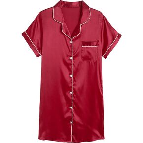Hupohoi Girls Satin Pajamas Dress Button Down Silky Sleepwear Nightgown Short Sleeve Nightshirt Dresses