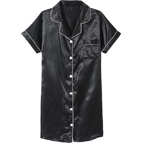 Hupohoi Girls Satin Pajamas Dress Button Down Silky Sleepwear Nightgown Short Sleeve Nightshirt Dresses
