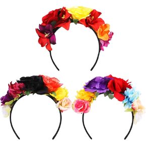 WILLBOND 3 Pcs Mexican Rose Flower Crown Headband Day of the Dead Headbands for Women Halloween Headpiece Bridal Cosplay