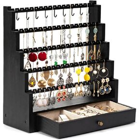 Pinzoveco Earring Organizer, 5 Layer Earring Holder Organizer with Metal Necklace Holder Pole, Rustic Wood Jewelry Organizer Stand Display for Stud Earring Bracelet Necklace Ring, 175 Earring Holes