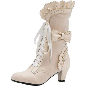 LanreyTaley Women Sweet Bow Boots Mid Heels Lace Up Victorian boots Mid Calf Kawaii Boot in Saudi Arabia