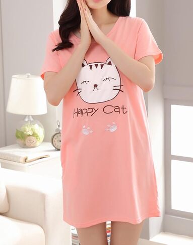 Vopmocld Big Girls' Cute Happy Cat Sleepwear Short Sleeve Summer Soft Nightgown in Kuwait