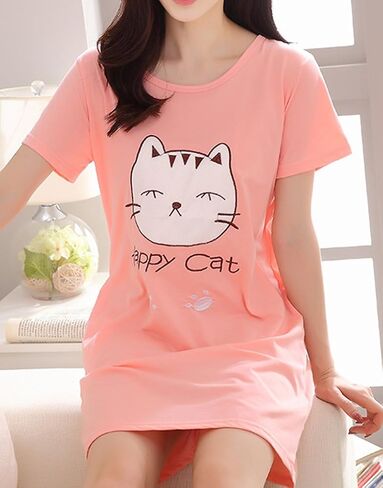 Vopmocld Big Girls' Cute Happy Cat Sleepwear Short Sleeve Summer Soft Nightgown in Kuwait