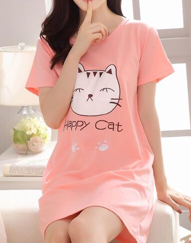 Vopmocld Big Girls' Cute Happy Cat Sleepwear Short Sleeve Summer Soft Nightgown in Kuwait
