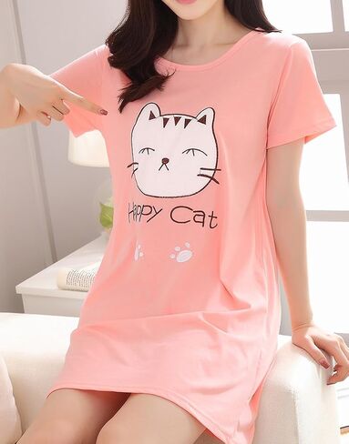 Vopmocld Big Girls' Cute Happy Cat Sleepwear Short Sleeve Summer Soft Nightgown in Kuwait