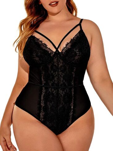 Kaei&Shi Plus Size Eyelash Lace Bodysuit, Snap Crotch Sexy Top Lingerie, Club Outfit in Saudi Arabia