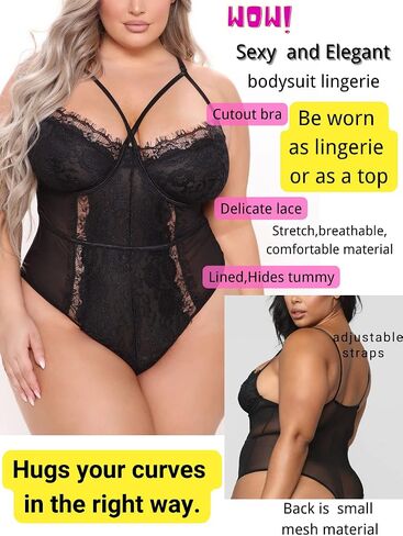 Kaei&Shi Plus Size Eyelash Lace Bodysuit, Snap Crotch Sexy Top Lingerie, Club Outfit in Saudi Arabia