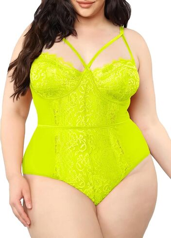 Kaei&Shi Plus Size Eyelash Lace Bodysuit, Snap Crotch Sexy Top Lingerie, Club Outfit in Saudi Arabia