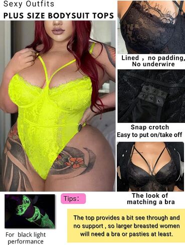 Kaei&Shi Plus Size Eyelash Lace Bodysuit, Snap Crotch Sexy Top Lingerie, Club Outfit in Saudi Arabia