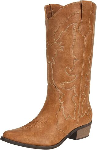 Womens Western Cowgirl Cowboy Boots Mid Calf Snip Toe Fashion Shoes in Kuwait