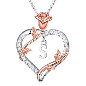 Iefil Rose Heart Necklace Gifts for Women, 925 Sterling Silver Initial Pendant Letter Necklace Jewelry for Women Valentines Day Anniversary Birthday Gifts for Her Wife Girlfriend Mom