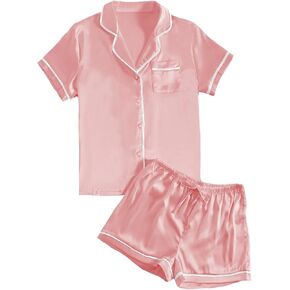 LYANER Women's Satin Silky Short Sleeve Button Shirt Sleepwear 2Piece Pajama Set in Saudi Arabia