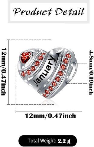 Birthstone Heart Charms for Charms Bracelet-925 Sterling Silver Love Heart Bead Charms For Bracelets and Necklaces, Birthday Gifts For Women. in Kuwait