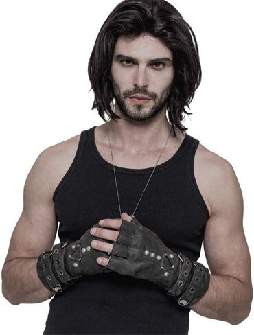 Punk Rave Steampunk Fingerless Gloves for Men Motorcycle Cotton Gloves Grey Coffee Driving Gloves in Kuwait