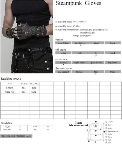 Punk Rave Steampunk Fingerless Gloves for Men Motorcycle Cotton Gloves Grey Coffee Driving Gloves in Kuwait