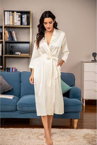 HOTOUCH Silk Robes for Women Long Bridesmaid Wedding Party Satin Robes Sleepwear with Pockets in Kuwait