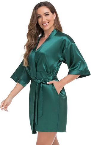 رداء كيمونو قصير للسيدات من VOGUEMAX رداء حمام من الساتان الحريري لوصيفات العروس والاستعداد ملابس نوم ثوب نوم ناعم in Kuwait