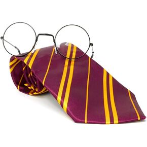 Skeleteen Wizard Glasses and Tie - Maroon And Gold Dress Up Tie and Black Round Glasses Set - 1 Pair