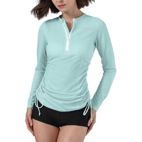 Moikrakki UPF 50+ Long Sleeve Swimsuits for Women Ruched Rash Guard for Women Sun Protection Clothing Swim Tops Shirts