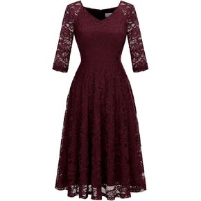 Dressystar Long-Sleeve A-Line Lace Bridesmaid Dress Midi for Wedding Formal Party Dress 2024 Prom Gown
