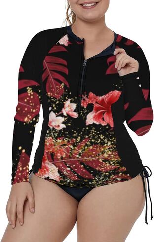 XAKALAKA المرأة حجم كبير الرمز البريدي الأمامي متعدد الألوان مخطط كم طويل Tankini Rashguard أعلى XL-4XL in Saudi Arabia