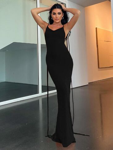 فساتين Volemo Slip Bodycon للنساء بحزام سباغيتي بأربطة بدون ظهر ورقبة البقر ماكسي حورية البحر لحفلات الكوكتيل in Kuwait
