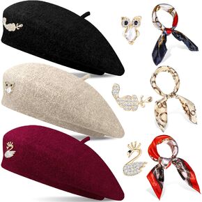 3 Sets Wool Beret Hat French Artist Beret Beanie Hats with Square Satin Neck Head Scarf Rhinestone Brooch for Women Accessories Multicolored in Saudi Arabia