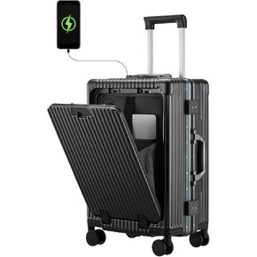 Versatile Aluminum Frame Carry-On Luggage with USB Charging Port, Front Compartment, TSA Lock, Airline Approved Carry On Hardside Suitcase with Spinner Wheels (Black, 20inch)