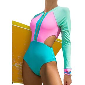 LUJENGEFA Cute One Piece Swimsuit for Women Long Sleeve Zipper Cut Out Colorblock Bathing Suit