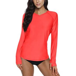 Spadehill Women's V Neck Rashguard Long Sleeve Thumb Hole Swim Shirt Top