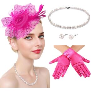 Fascinators Hats with Gloves Set for Women 20s 50s Cocktail Tea Party Wedding Costume Headwear (02 Hot Pink)