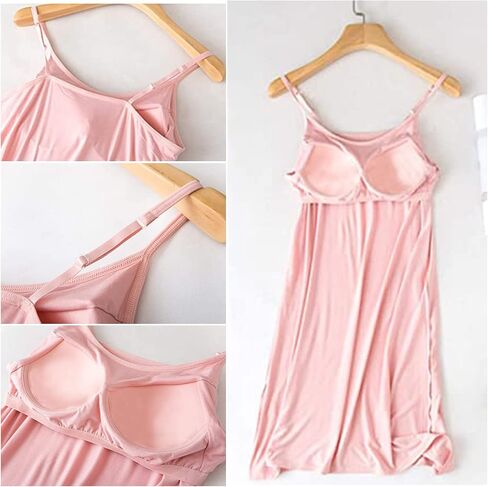 Womens Full Slip Dress Built-in Bra Chemisole Sleepwear Adjustable Spaghetti Strap Nightgown in Kuwait