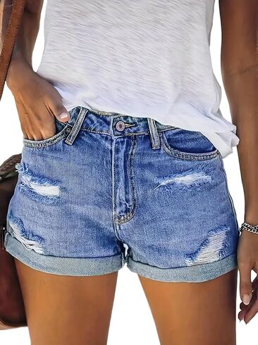 Women's Distressed Denim Jean Shorts. Stylish, Perfect Daily Shorts. Blue in Saudi Arabia