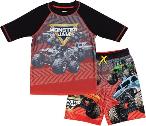 Monster Jam Boys' UPF 50+ 2-Piece Rash Guard and Swim Trunks Set | 2-Piece Swimwear Set, UPF 50+ Sun Protection, Short Sleeve Rash Guard, Mesh-Lined Swim Trunks, Elastic Waistband in Saudi Arabia