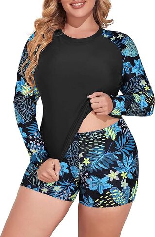 Daci Women Plus Size 2 Piece Long Sleeve Rash Guard Swimsuit Swim Shirts Top UPF 50+ with Boy Short Swimwear in Kuwait