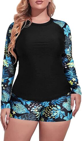 Daci Women Plus Size 2 Piece Long Sleeve Rash Guard Swimsuit Swim Shirts Top UPF 50+ with Boy Short Swimwear in Kuwait