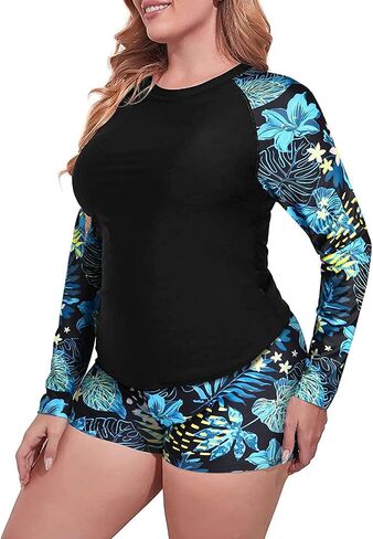 Daci Women Plus Size 2 Piece Long Sleeve Rash Guard Swimsuit Swim Shirts Top UPF 50+ with Boy Short Swimwear in Kuwait