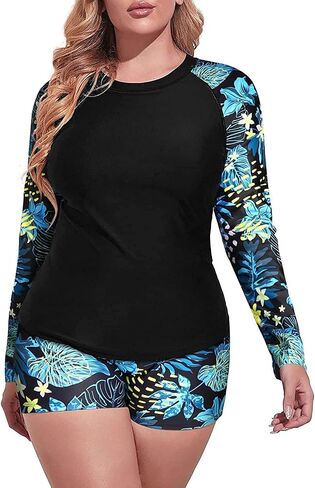 Daci Women Plus Size 2 Piece Long Sleeve Rash Guard Swimsuit Swim Shirts Top UPF 50+ with Boy Short Swimwear in Kuwait