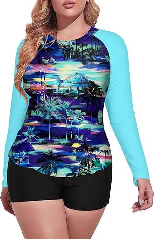 Daci Women Plus Size 2 Piece Long Sleeve Rash Guard Swimsuit Swim Shirts Top UPF 50+ with Boy Short Swimwear in Kuwait