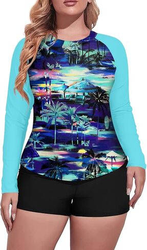 Daci Women Plus Size 2 Piece Long Sleeve Rash Guard Swimsuit Swim Shirts Top UPF 50+ with Boy Short Swimwear in Kuwait