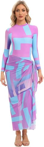 Womens Muslim Swimsuits Tie Dye Top Swim Pants with Long Sarong Cover up Wrap Skirt Swimwear Modest Bathing Suit 4PCS in Kuwait