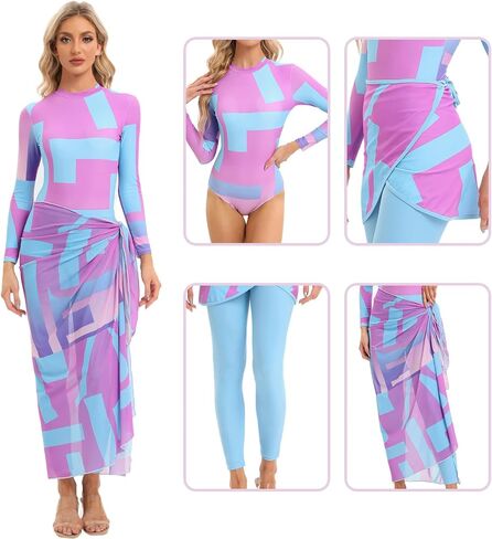 Womens Muslim Swimsuits Tie Dye Top Swim Pants with Long Sarong Cover up Wrap Skirt Swimwear Modest Bathing Suit 4PCS in Kuwait