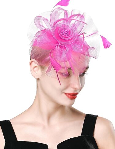 FELIZHOUSE Womens Tea Party Fascinators Hat Feathers Flower Birdcage Veil Wedding Cockatil Headband with Clip in Kuwait